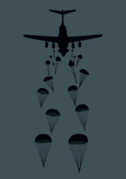 Illustrazione di un aereo militare e di paracadutisti . Illustrazioni Stock Royalty Free