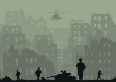 Helikopter harabe şehrin, ayrılmış tankları, resmi ve