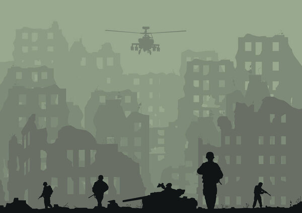 Illustration of the ruined city, exploded tanks, helicopters and