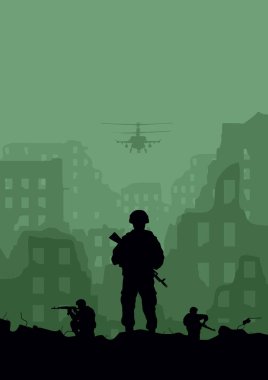 Illustration of the ruined city, helicopters and soldiers. clipart