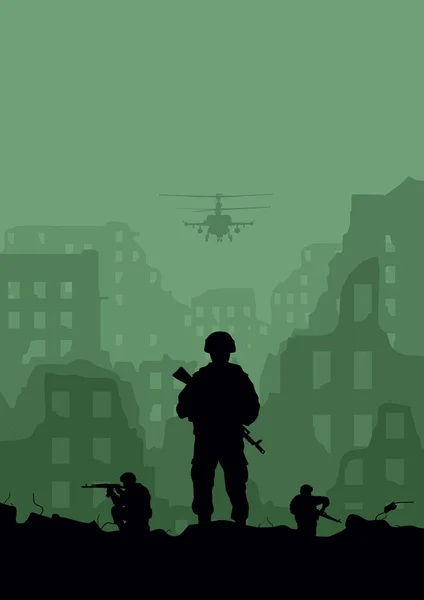 廃墟の街、ヘリコプターおよび兵士の図. — ストックベクタ