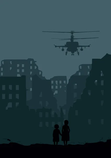 Ville détruite, hélicoptère et deux petites filles — Image vectorielle