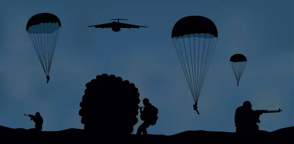 Illustrazione, aeroplano e paracadutisti . — Vettoriale Stock