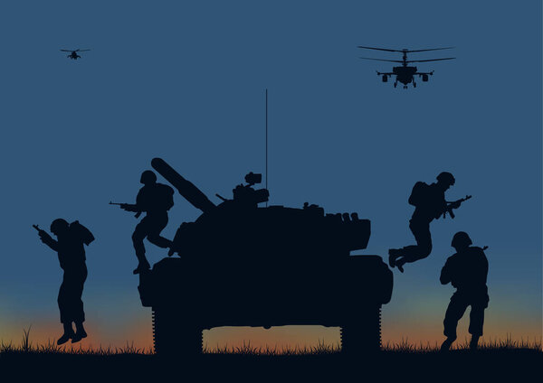 Иллюстрация, солдаты идут в атаку и вертолеты
.