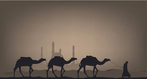 Camels in the desert against the background of the mosque. — Stock Vector