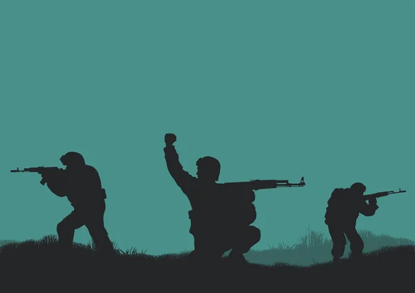 Vier soldaten op een achtergrond een zon — Stockvector