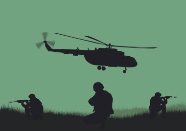 İllüstrasyon, saldıracak askerler ve helikopterler.