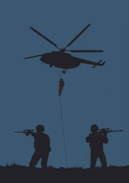 Ilustrace, vojáci zaútočí a vrtulníky. — Stockový vektor