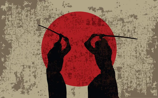 Δύο άντρες με σπαθιά και μια σημαία της Ιαπωνίας. — Διανυσματικό Αρχείο