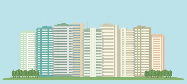 Výškové budovy města a zelené pole. — Stockový vektor