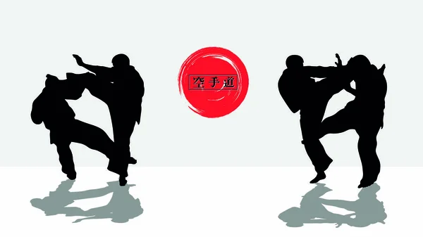Hieroglyph of karate and men demonstrating karate. — Stock Vector