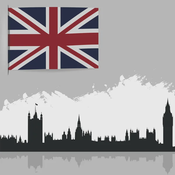 Büyük Britanya bayrağı ve binaların ana hatları. — Stok Vektör