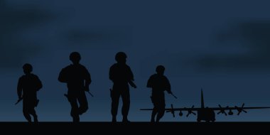 Askeri nakliye uçakları ve bir grup asker.