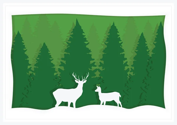 Illustration, greeting card, green spruce and deer. — Stock Vector