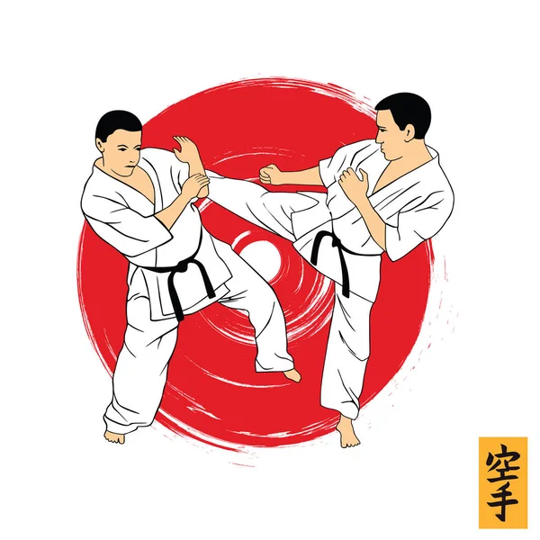 Illustration av en man som visar karate. Inskriften på filterrengöring — Stock vektor