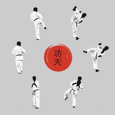 Bir grup adam Kung Fu ve bir hiyeroglif üzerinde kırmızı bir backgro gösteren