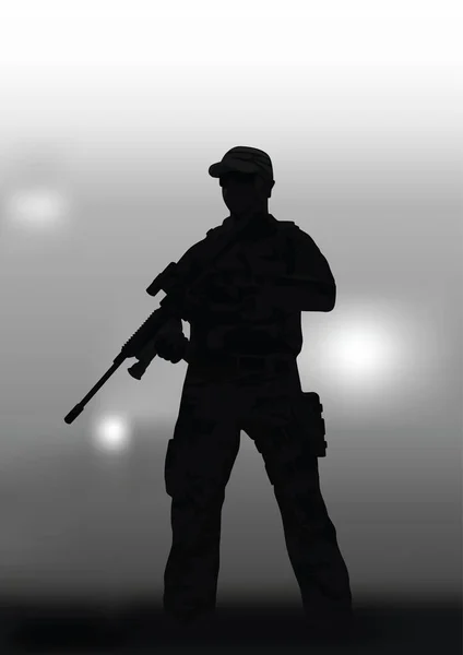Seorang pria dengan senapan sniper di latar belakang gelap - Stok Vektor