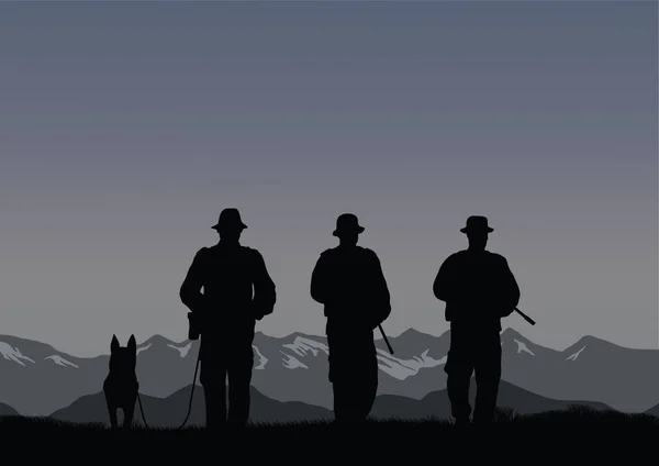 Trzech strażników z psem na granicy granic. — Wektor stockowy