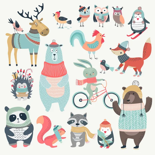 Christmas set with cute animals, hand drawn style. — Stock Vector