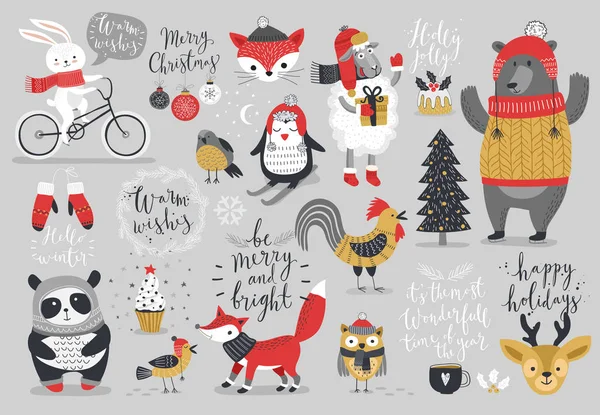 Vánoční sada, ručně kreslenou styl - kaligrafie, zvířata a jiné prvky. — Stockový vektor