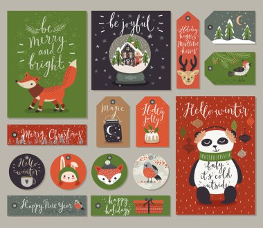 Noel kartları ve Etiketler kümesi, elle çizilmiş tarzı.