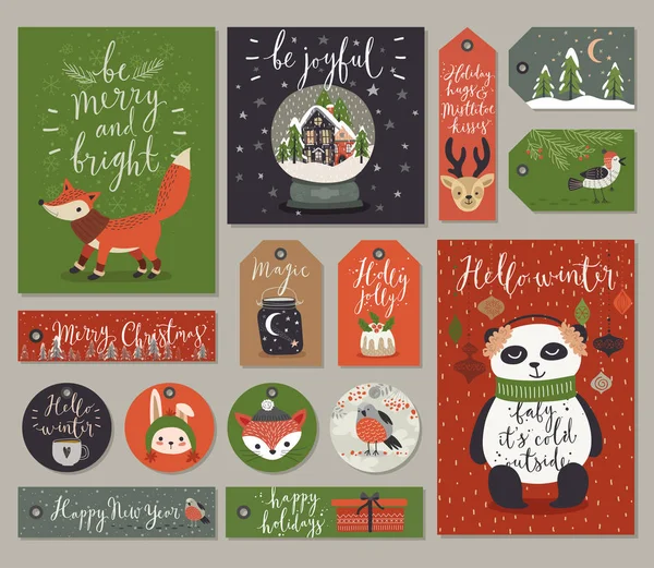 Cartões de Natal e conjunto de etiquetas, estilo desenhado à mão . —  Vetores de Stock