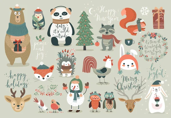 Set de Navidad, estilo dibujado a mano - caligrafía, animales y otros elementos . — Vector de stock