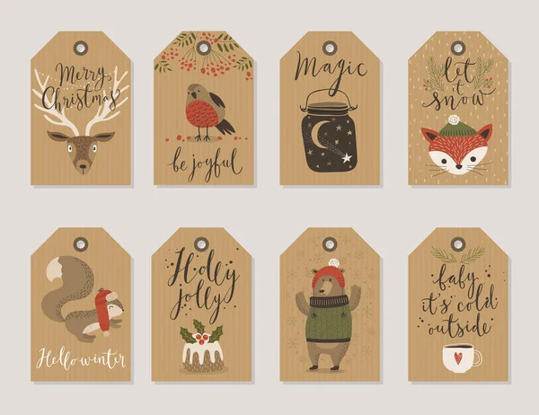 크리스마스 크 래 프 트 종이 카드와 선물 태그 세트, 손으로 그린된 스타일. — 스톡 벡터