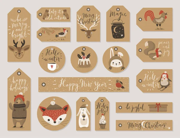 Noel kraft kağıt kartları ve hediye Etiketler seti, elle çizilmiş stili. — Stok Vektör