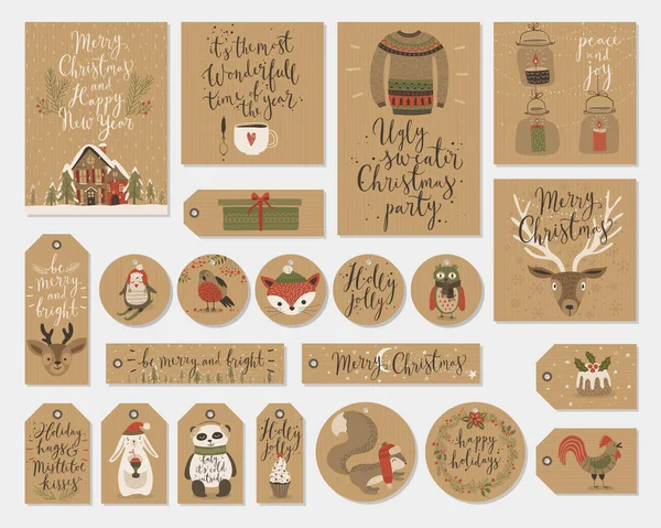 Weihnachtliches Kraftpapier Karten und Geschenkanhänger Set, handgezeichnet. — Stockvektor