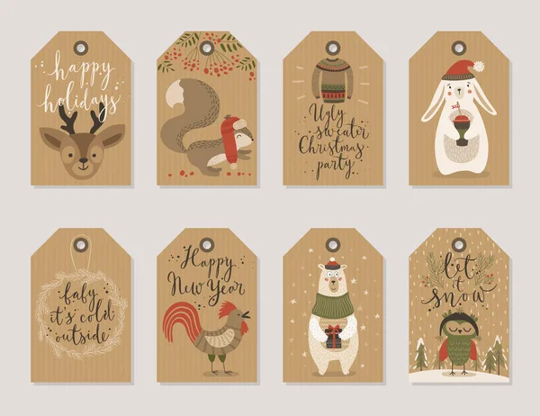 크리스마스 크 래 프 트 종이 카드와 선물 태그 세트, 손으로 그린된 스타일. — 스톡 벡터