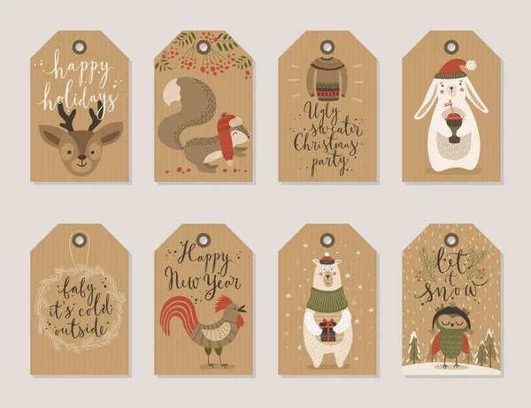 Tarjetas de papel kraft de Navidad y etiquetas de regalo, estilo dibujado a mano . — Archivo Imágenes Vectoriales