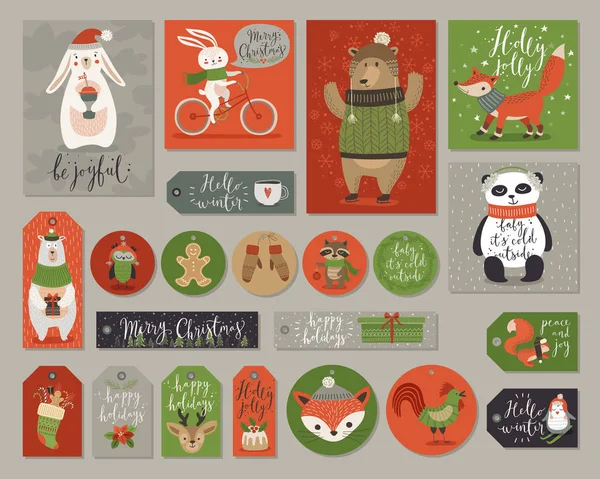 Set de Navidad, estilo dibujado a mano - caligrafía, animales y otros elementos . — Vector de stock