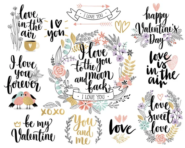 Aftelkalender voor Valentijnsdag Callygraphic Floral set - hand getrokken — Stockvector