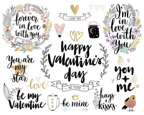Día de San Valentín Callygraphic Floral set - dibujado a mano — Archivo Imágenes Vectoriales