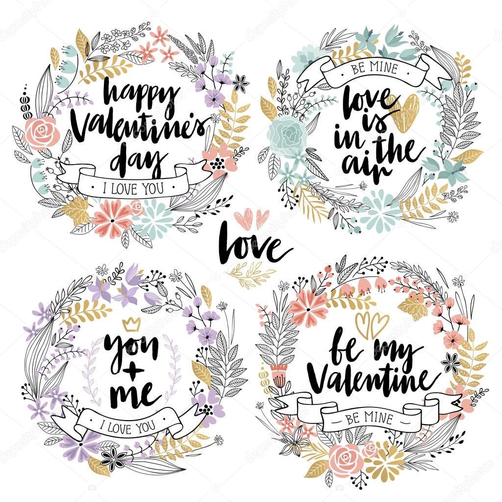 Valentine`s Day Callygraphic Floral set - hand drawn