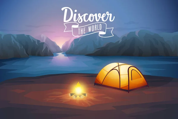 Discover the world poster, night landscape with tent. — Stock Vector