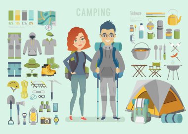 Kamp Infographic. Genç çift, macera için hazır.