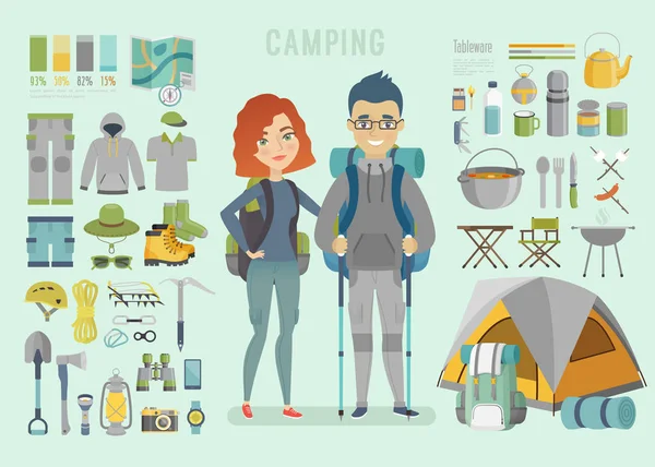 Camping infographic. Unga par, redo för äventyr. — Stock vektor