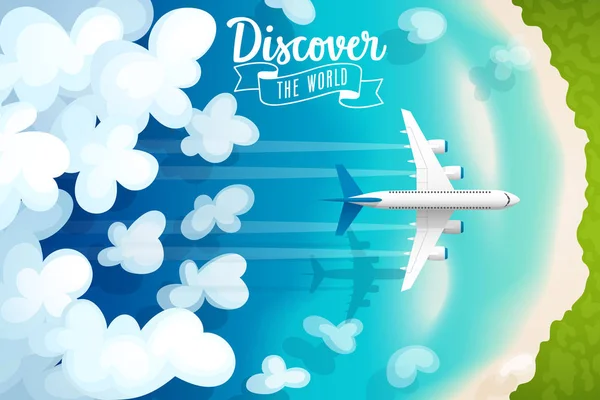 Pilvien ja trooppisen rannan yllä lentävä matkustajakone, matkustusjuliste . — vektorikuva