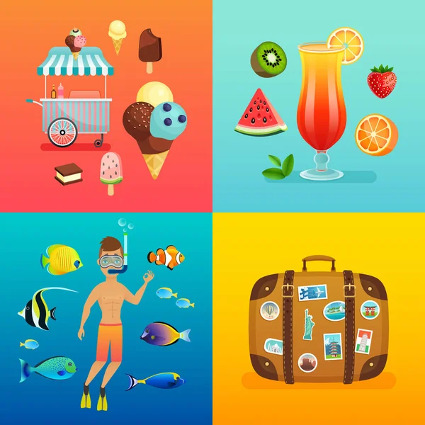 Summer set with ice cream, cocktails, suitcase, snorkeling and tropical fish. — Stock Vector