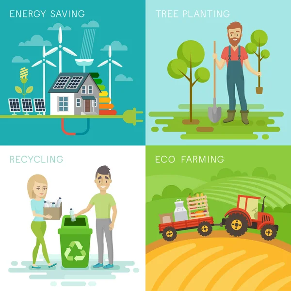 Eco set, recycling, planting trees, energy saving, eco farming themes. Vector Graphics
