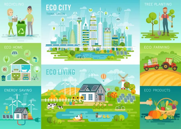 Eco set, recycling, planting trees, energy saving, eco farming themes. Royalty Free Stock Illustrations