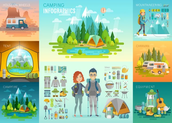 Кемпинг Инфографика, альпинизм, караван, дом на каблуках, оборудование . Лицензионные Стоковые Векторы