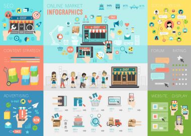 Grafikler ve diğer öğeleri ile online pazar Infographic ayarla.