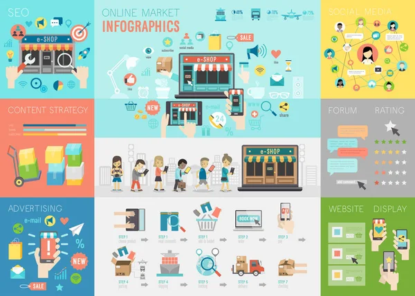 Infografica di mercato online con grafici e altri elementi . — Vettoriale Stock