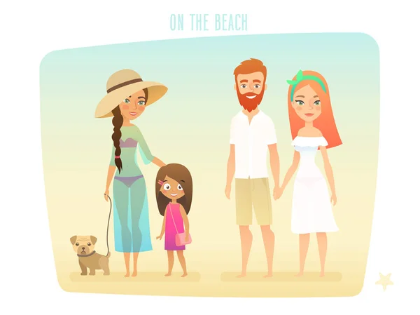 Mensen op het strand, familie, surfer, vrienden, paar en kinderen. — Stockvector