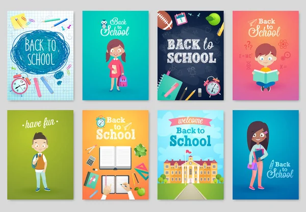 Back to School card set, school kids, chalkboards, equipment. — Stock Vector