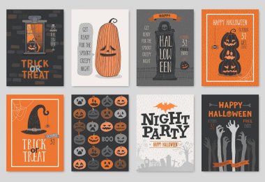 Cadılar Bayramı elle çizilmiş daveti veya kartpostal seti.