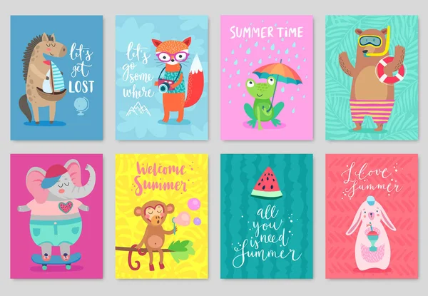 Hayvanlar kartı set, elle çizilmiş tarzı, yaz Tema.